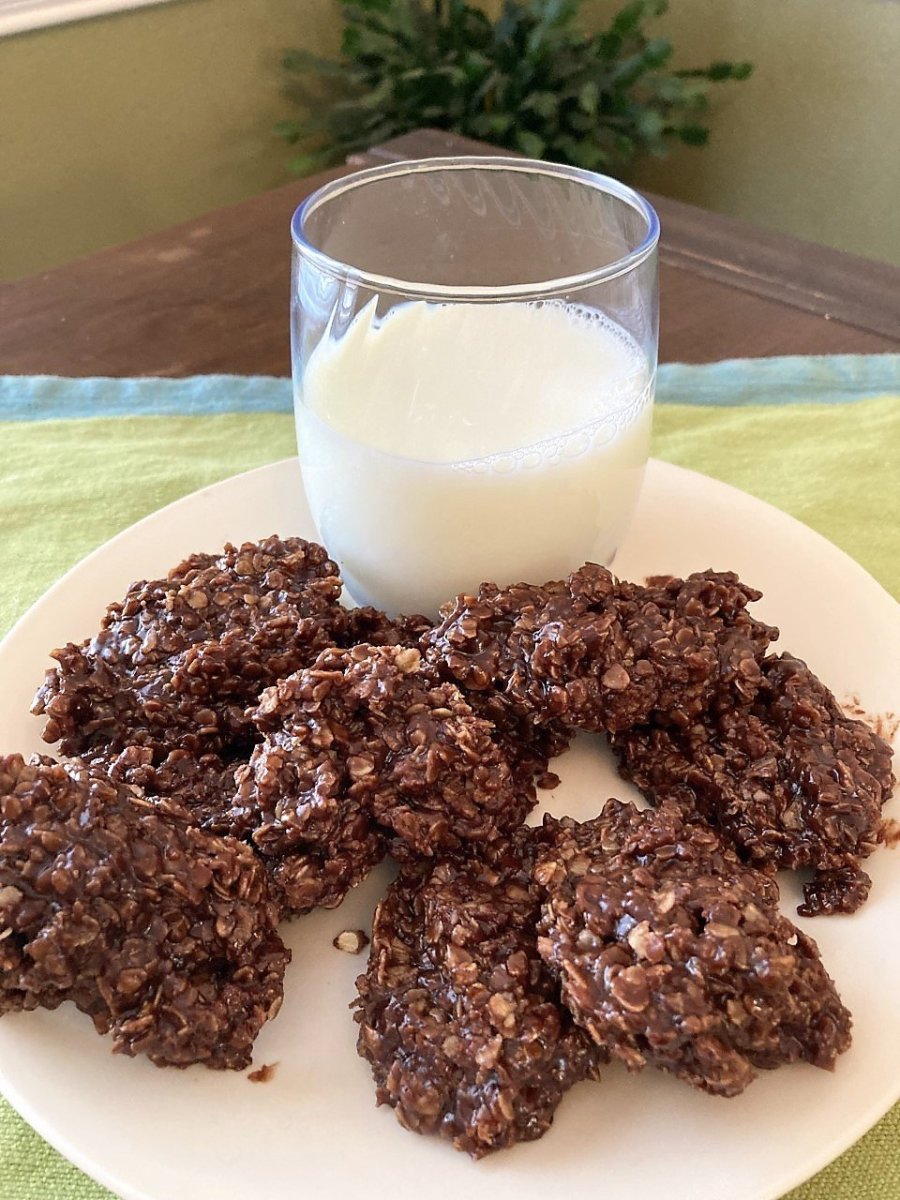 No-bake chocolate peanut butter drop cookies with what else? A glass of milk.