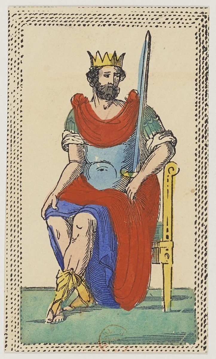 The King of Swords in the Minchiate card deck. It was created sometime between 1860-1890. The King of Swords is considered the High King of all kings.