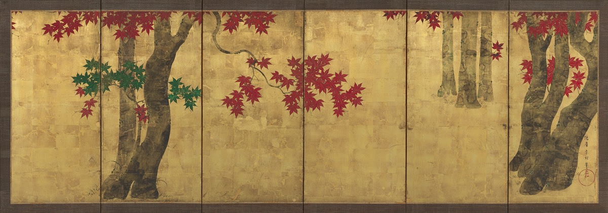 Tawaraya Sōri, Autumn Maple Trees, 18th century. Six-panel folding screen; ink, colour, and gold-leaf on paper, 68.7 × 211.2 cm.