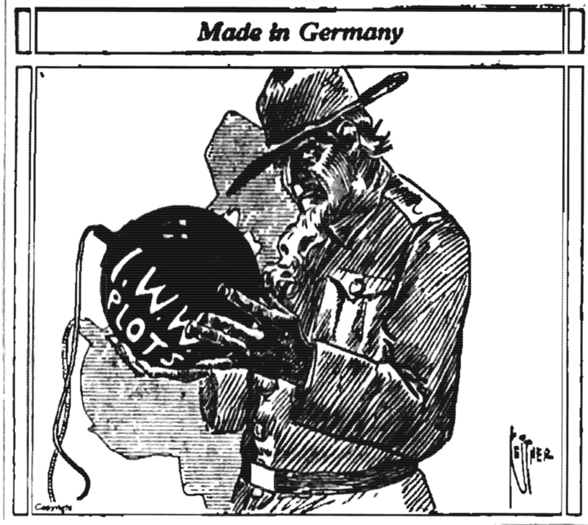 Newspaper cartoon from the Wyoming Examiner portraying the IWW as allies of Germany.
