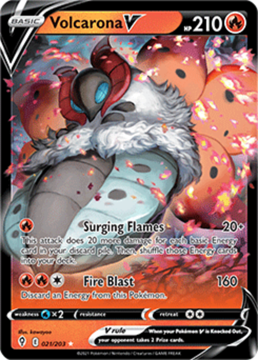 Once you load up your discard pile with Basic Energies using Kyogre's Aqua Storm, your Volcarona V can surprise your opponent out of nowhere with its Surging Flames attack.