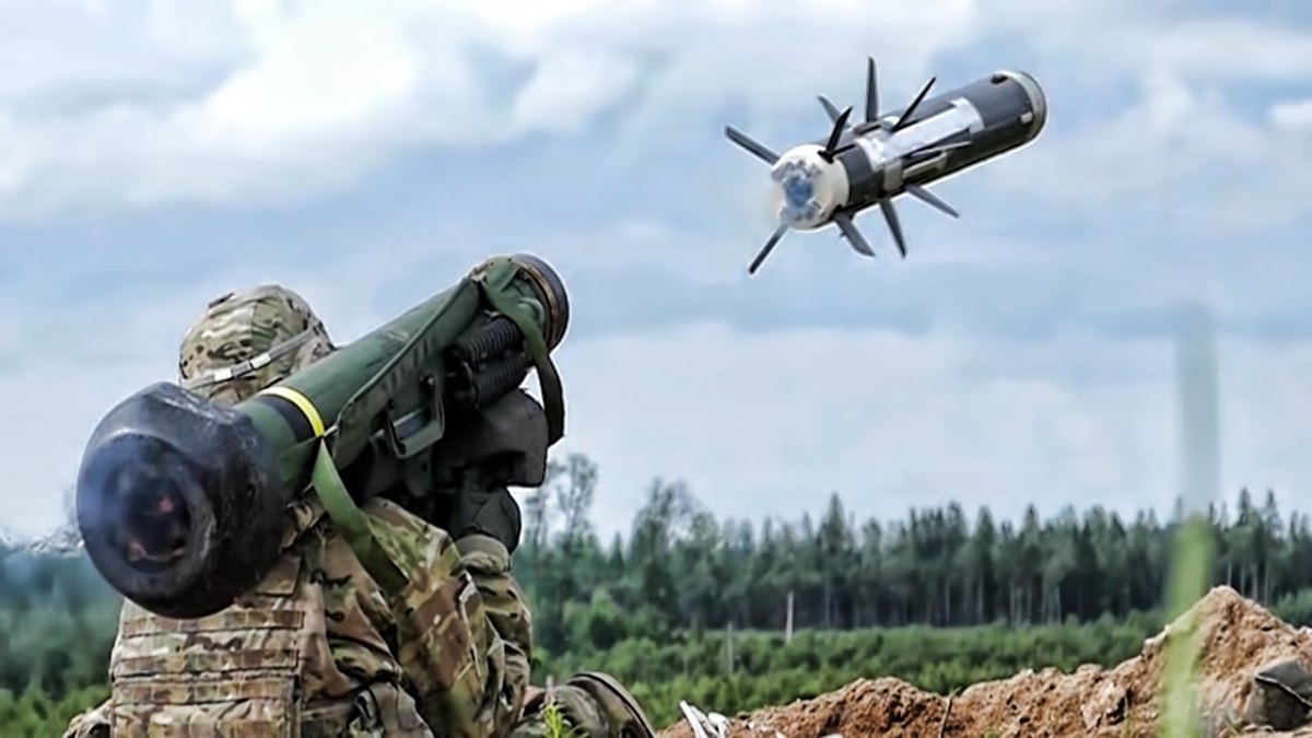 A soldier firing a Javelin missile. 