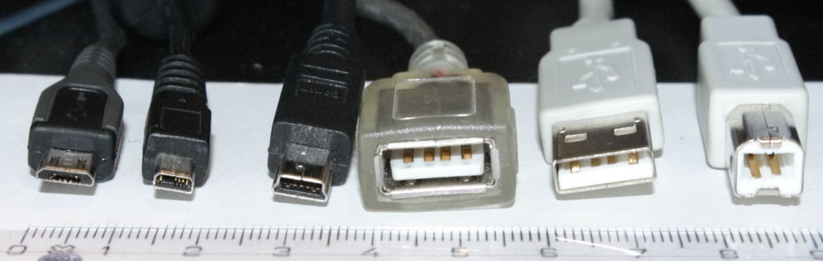 From left to right, (1) Type B micro plug, (2)  proprietary UC-E6 plug, (3) Type B mini plug (4) Type A socket (receptacle), (5) Type A plug, (6) Type B plug, typically used for connecting to a printer.