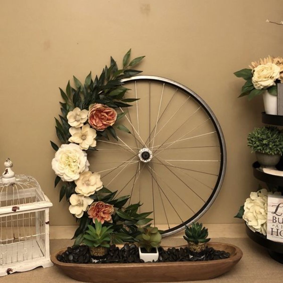 A simple but elegant bicycle wreath using flowers.