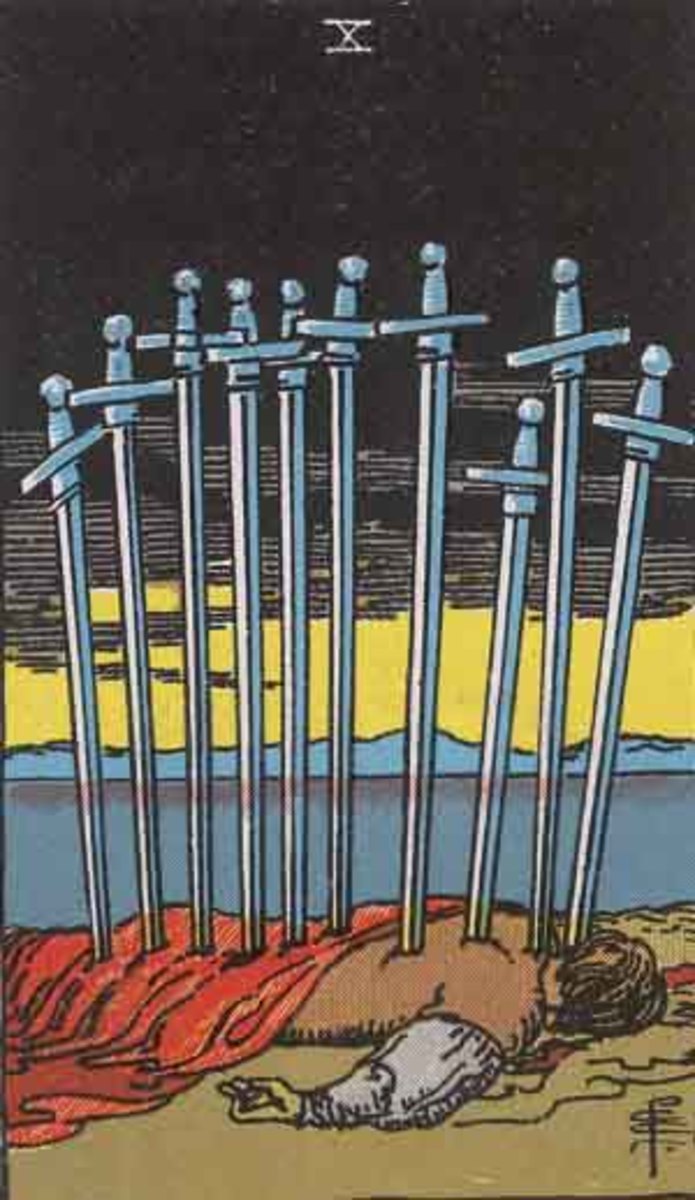 Ten Swords go into the back of a man. He is lying on the ground. He is in serious pain and dying. He will soon return to dust.