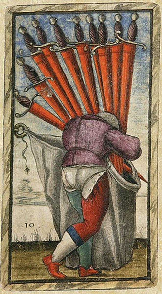 The Ten of Swords in the Sola-Busca tarot deck. The Ten of Swords is associated with excess and finality.