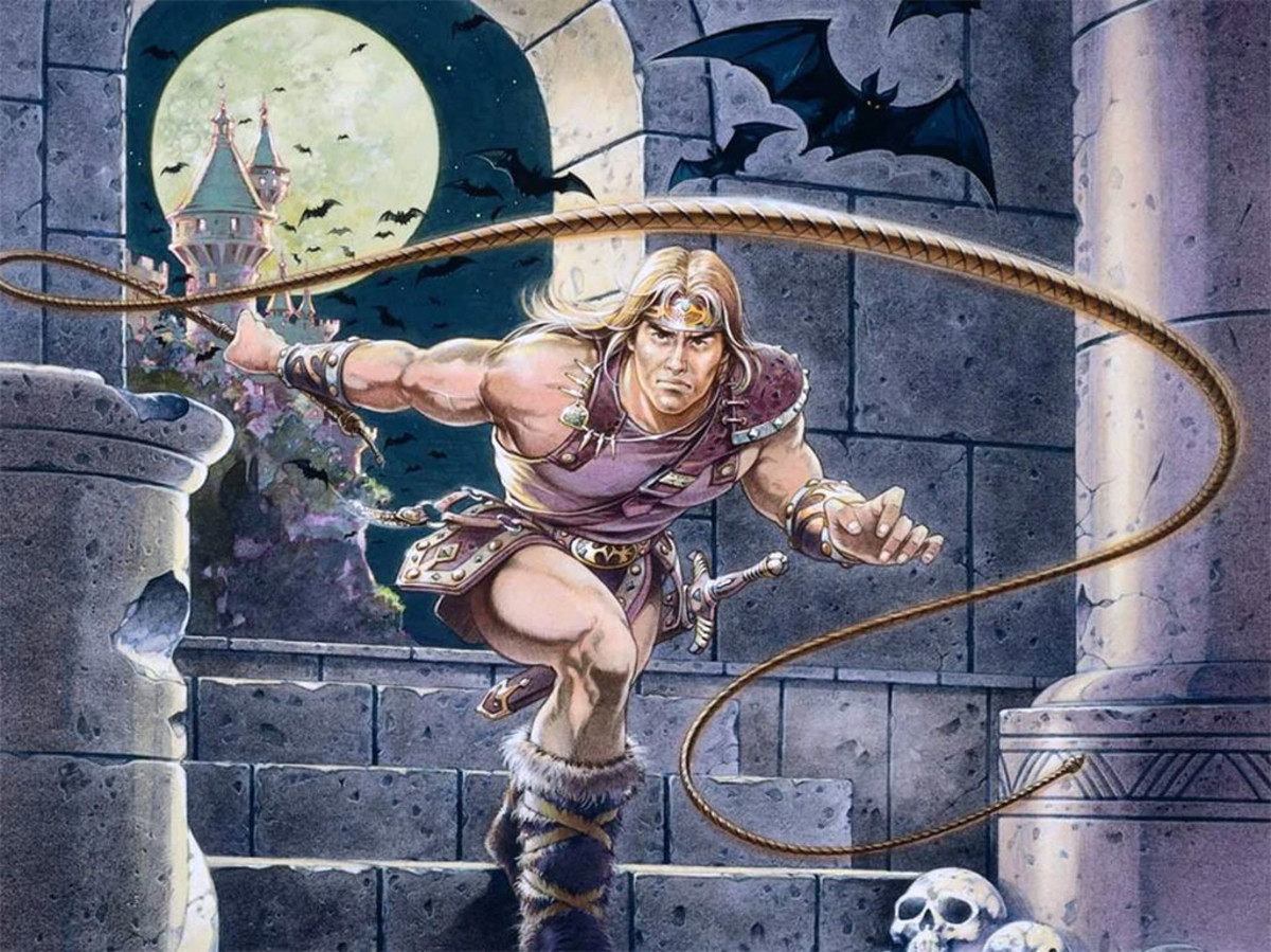 Simon Belmont wielding the Vampire killer. In later games, the whip was retconned as a morning star.