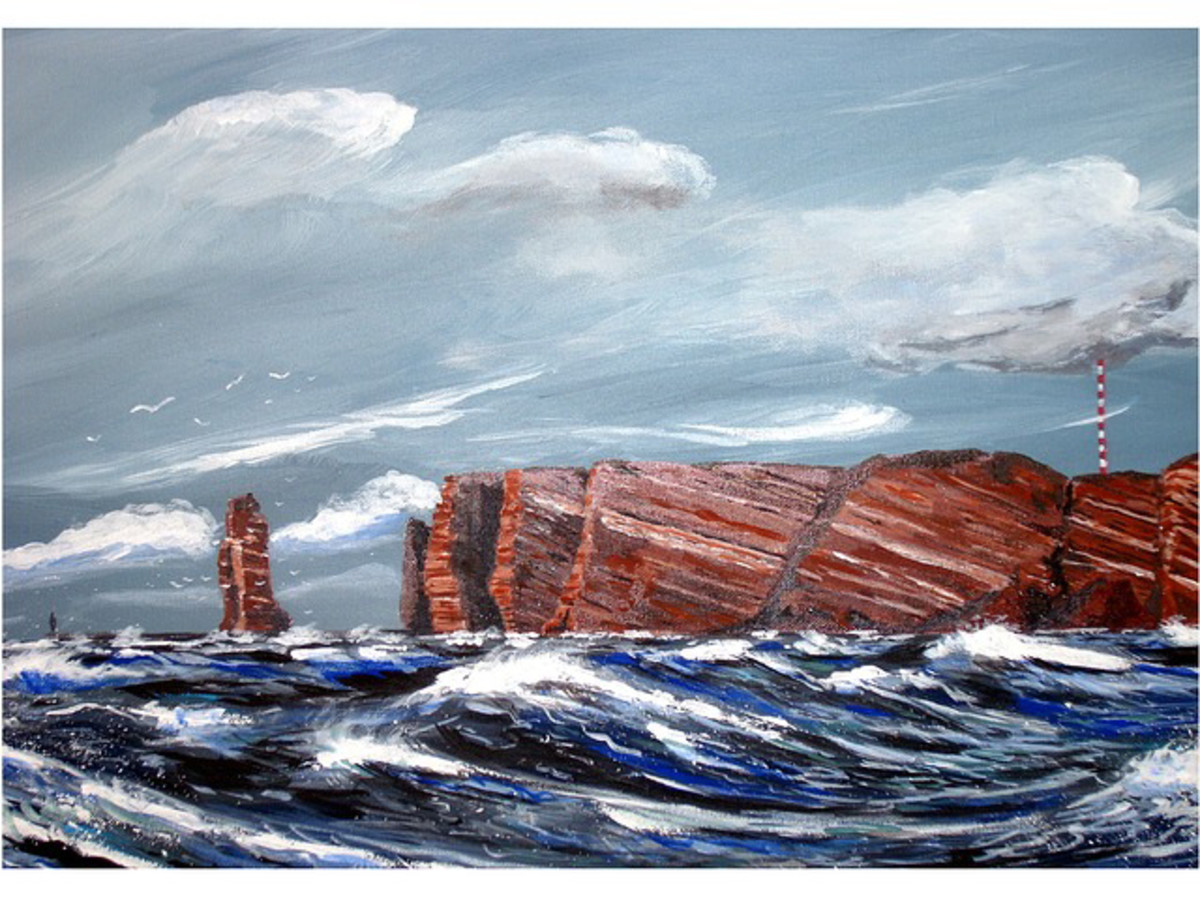 By the Sea: an acrylic painting of wind-blown ocean waves with a jetty in the background and a sky with summer clouds. 
