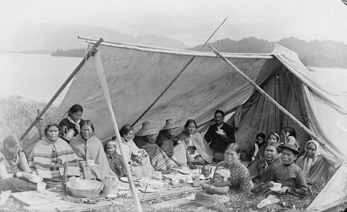 Tsimshian people drinking tea in celebration of Dominion Day in 1899 at Metlakatla, BC.