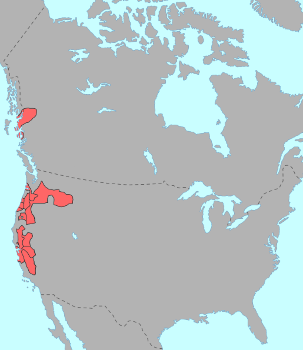 Tsimshian languages and people are related to those in Washington, Oregon, and California. The land area that is home of Tsimshian Peoples is larger than that pictured in BC at the top left spot in this image..