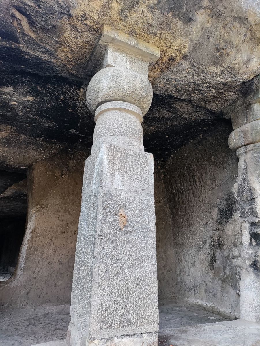 A beautiful stone pillar in the Mandapa, right cave