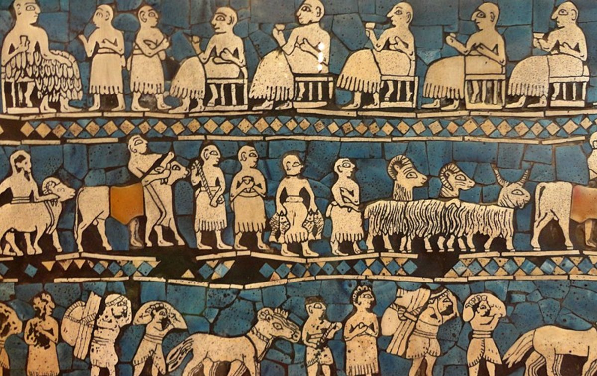 The Standard of Ur, in the British Museum. It is around 4600 years old, and was discovered in the 1920s in a tomb containing the skeleton of a ritually sacrificed man.