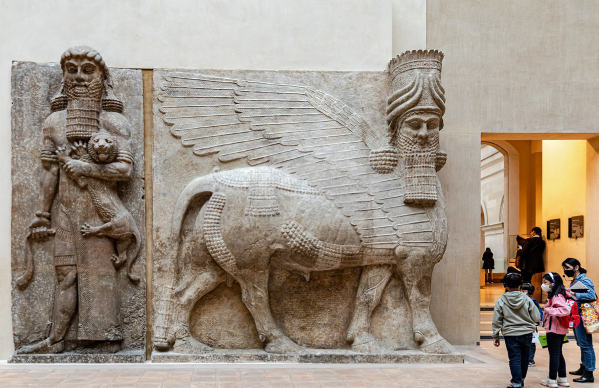 On the left, an Assyrian palace relief in the Louvre Museum, depicting the mythical warrior-king Gilgamesh holding a lion in one hand and a serpent in the other.