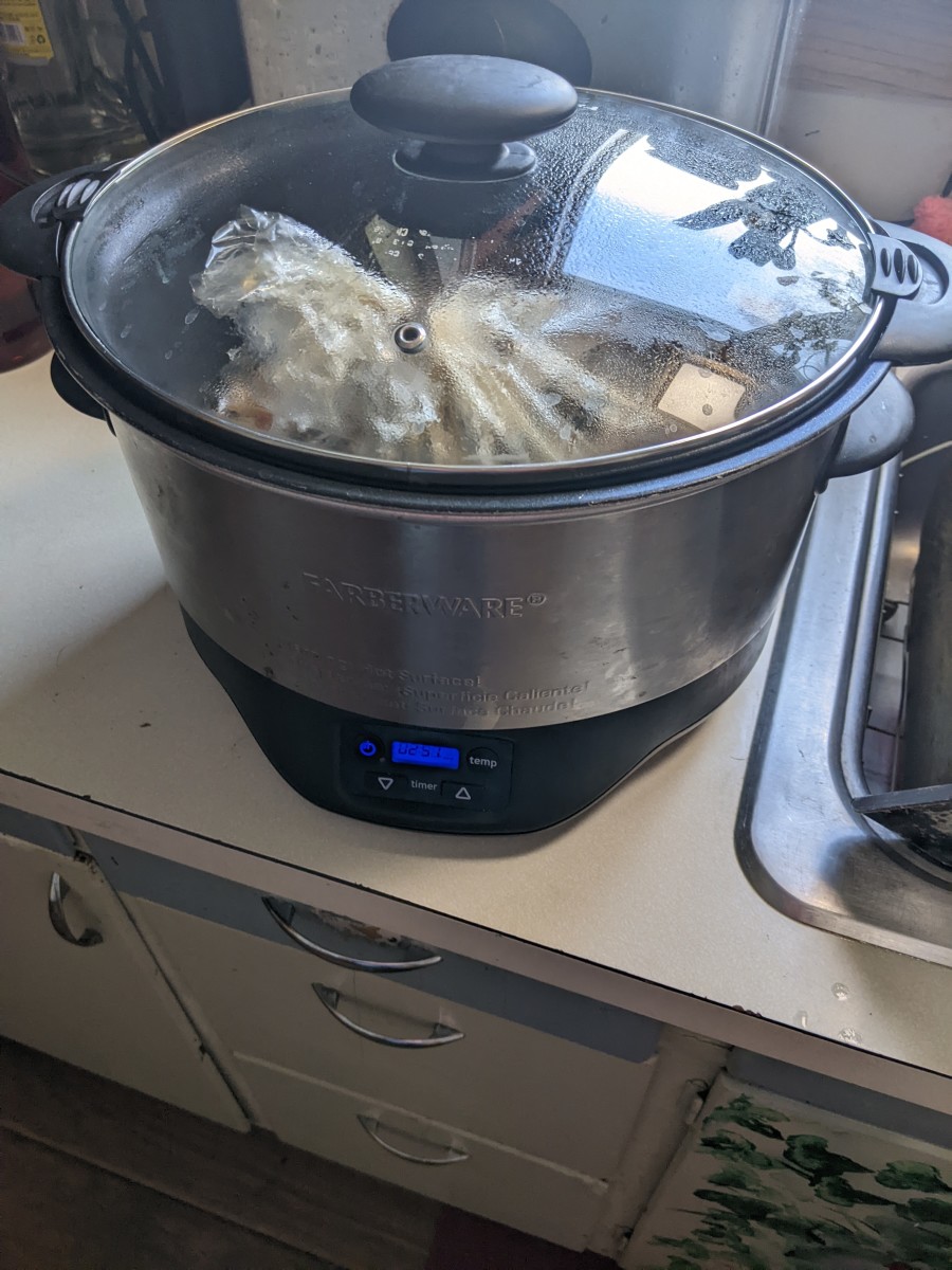 After slicing, I moved the bag to a slow cooker.