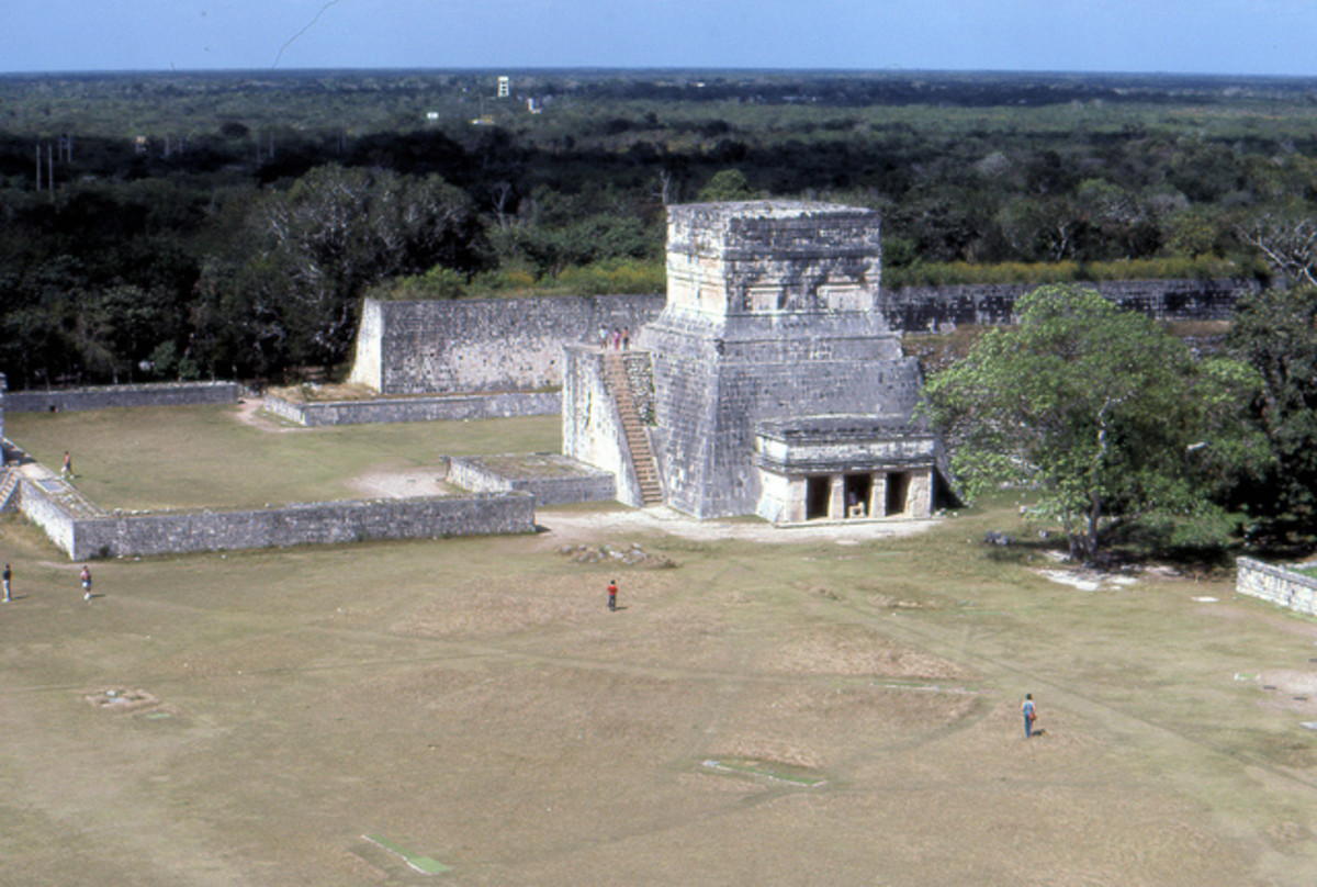 The Great Ball Court and the Temple of the Jaguars at the ruins of Chichén Itzá. The Maya ball game, named "Pitz" in the Classic Maya language, was not just a game, but a sacred ritual.