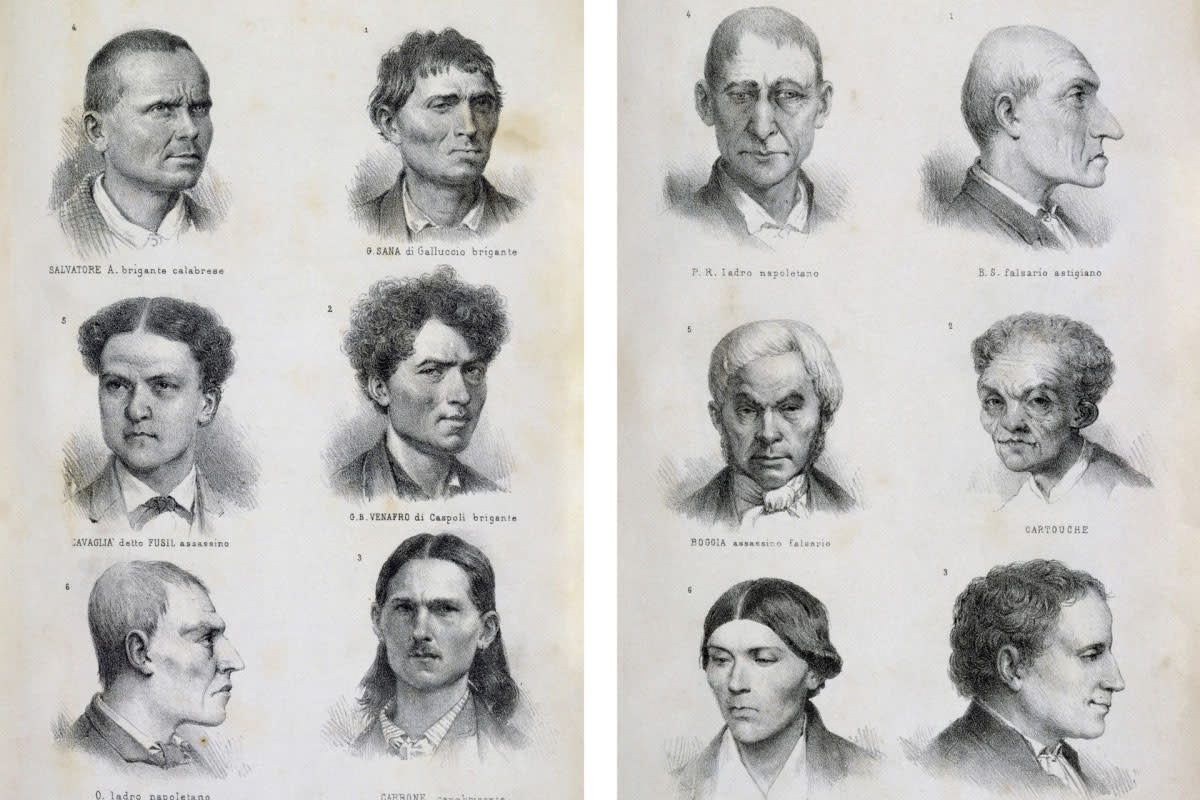 Imagens from Lombroso's book "L’Uomo Delinquente", depicting the heads of several criminals he studied