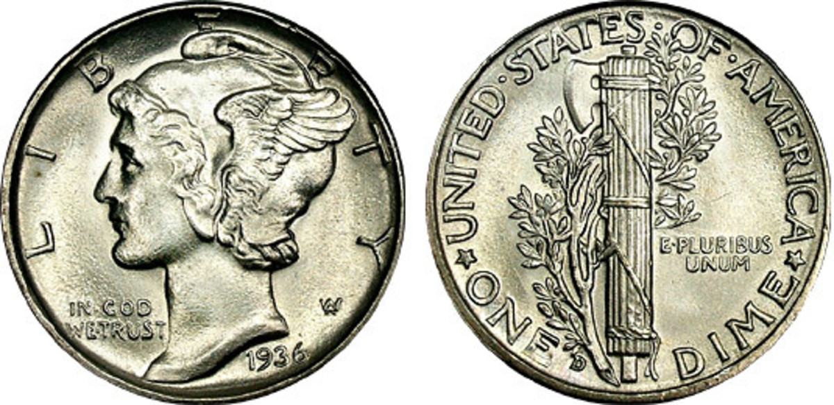 Winged Liberty Head or “Mercury Dime” (1916 to 1945).