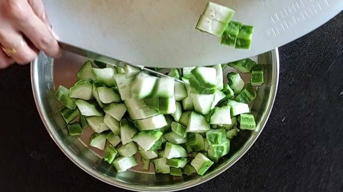 Chop the ridge gourds into cubes and set aside.