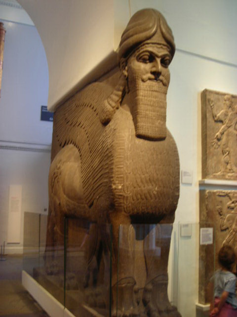 Assyrian sculpture, one of a pair of human-headed winged lions guarding the Gates of Balawat