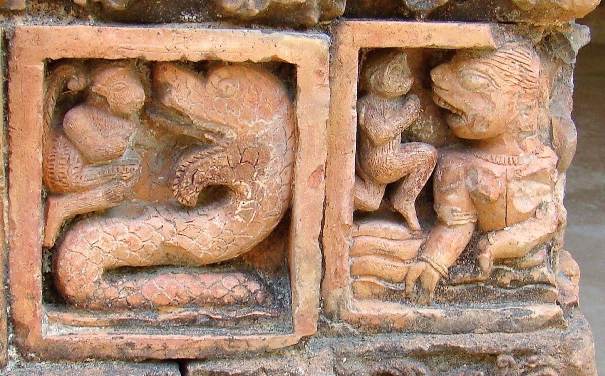 Hanuman with Surasa and Sinhika; terracotta; Gangeshwar temple; Baronagar, Murshidabad