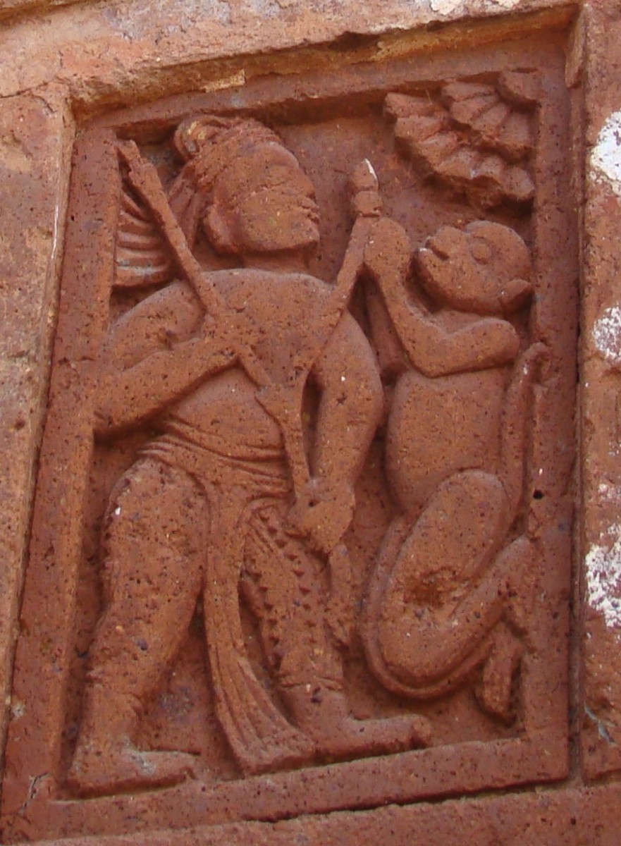 Hanuman with Lord Rama; stone carving; Ganpur, Birbhum