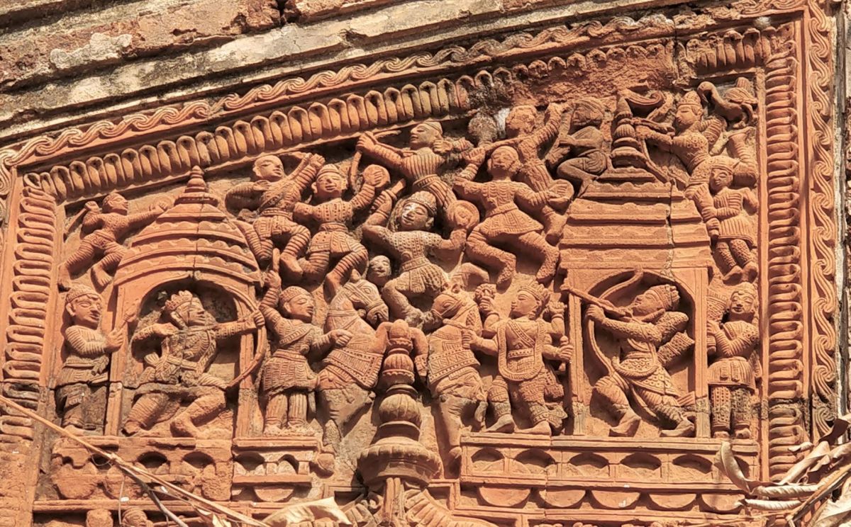 Bibhishana standing behind Lord Rama; terracotta; Vishnu temple; Jaipur, Bankura