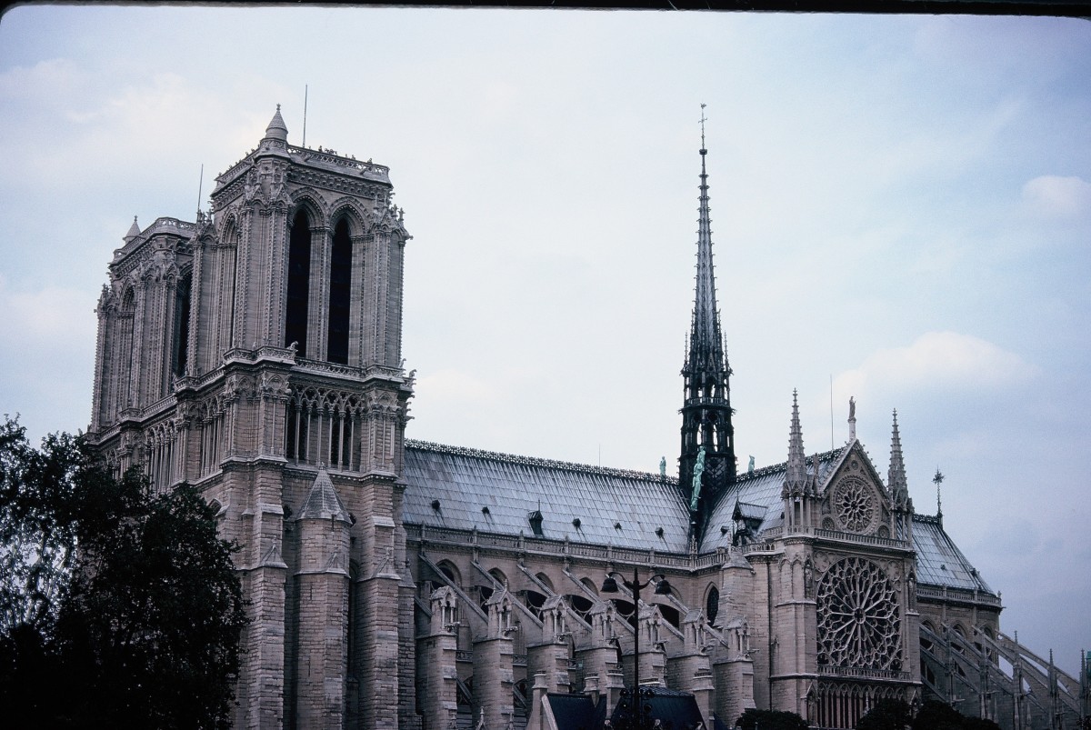 Side view of Notre Dame Cathedral in Paris, France
