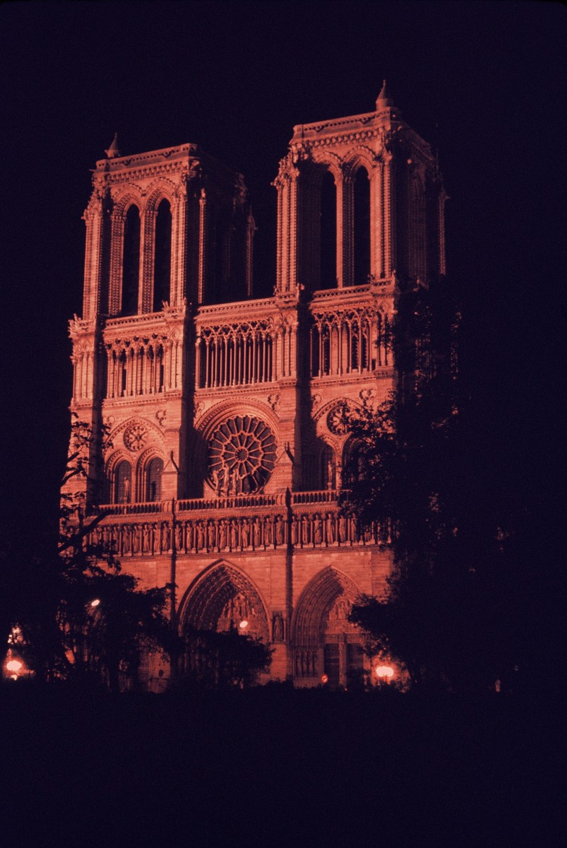 Notre Dame Cathedral's bell towers in the evening.