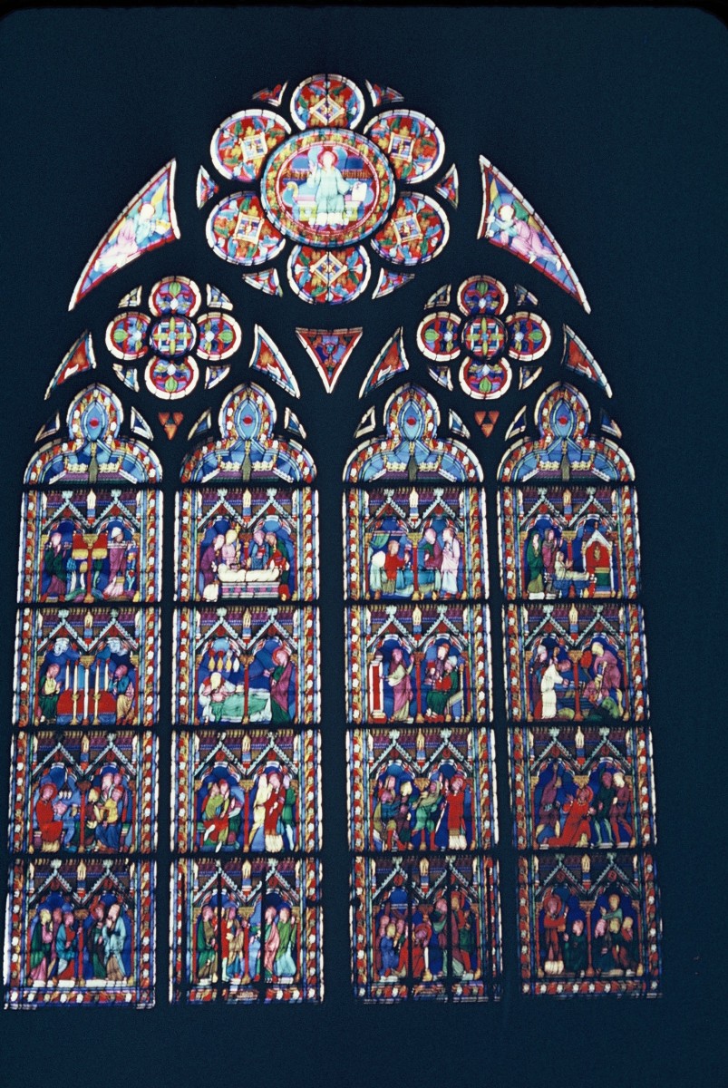 Stained Glass window in Notre Dame Cathedral in Paris