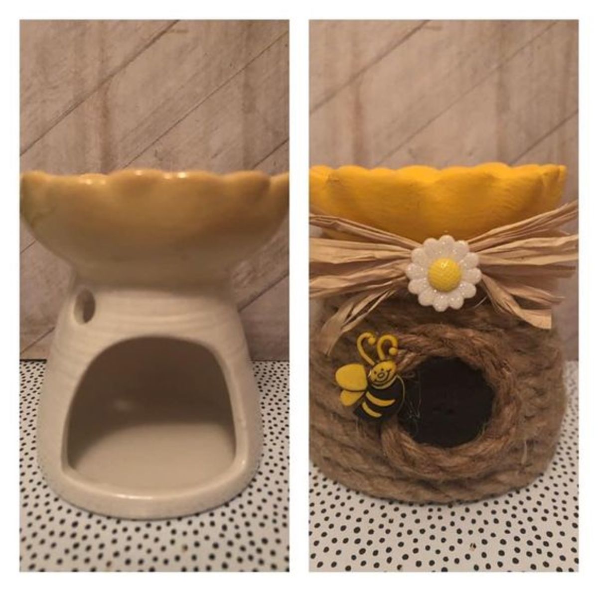 Here's another jute beehive idea. This one uses a candleholder.