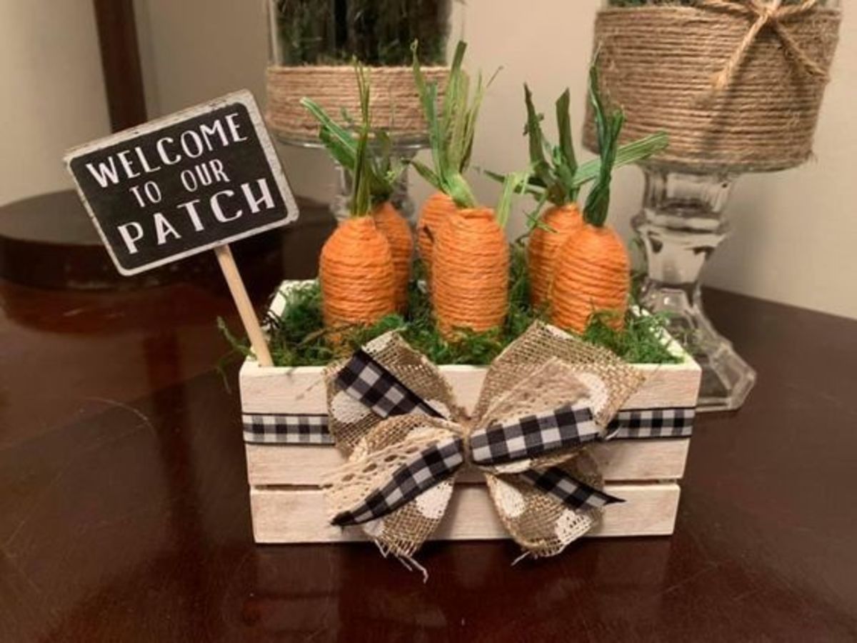 Fill a crate with jute carrots for an Easter display.