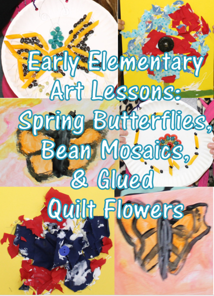 Spring Art Lessons for kindergarten and 1st grade: Butterfly paintings, bean mosaics, & glued quilt flower designs