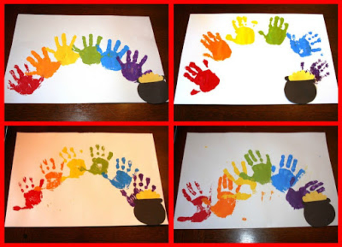 Hand print rainbows with pots of gold.
