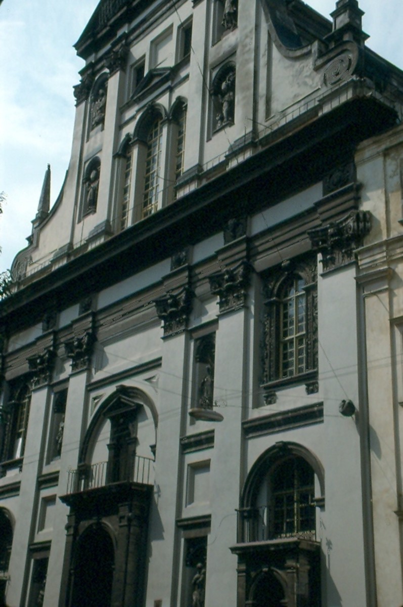 Lviv's Jesuit Church with its distinctive baroque facade. June 1993.