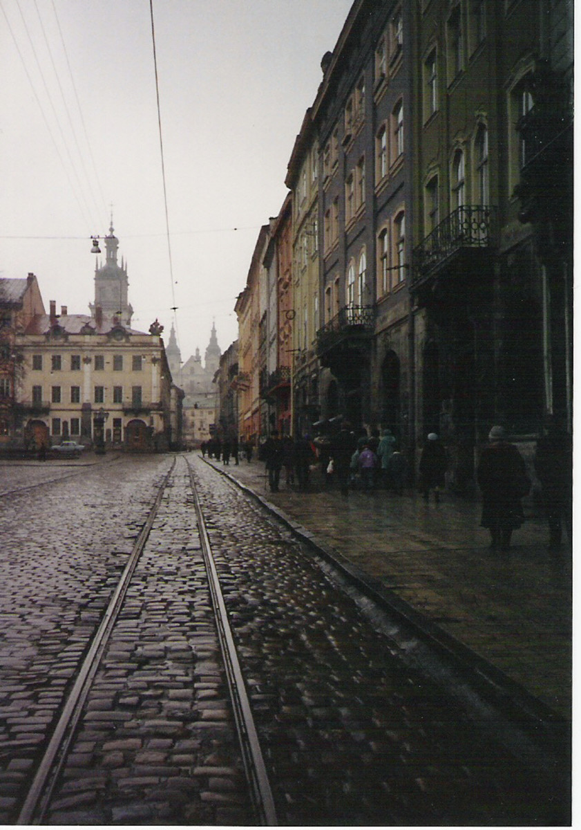 The two steeples of the Cathedral of the Barefooted Carmelites are just visible in the center. The Kornyakt tower is on the left. January 1994. 