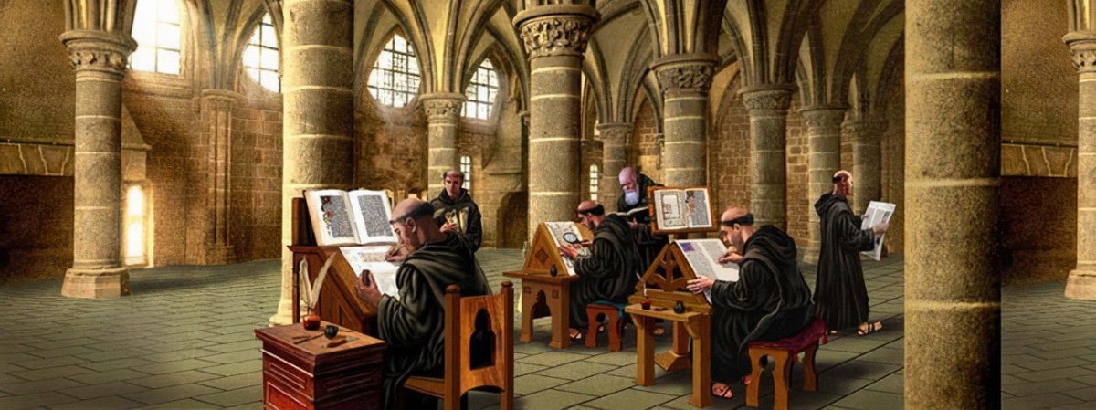 This image shows a bustling scriptorium.