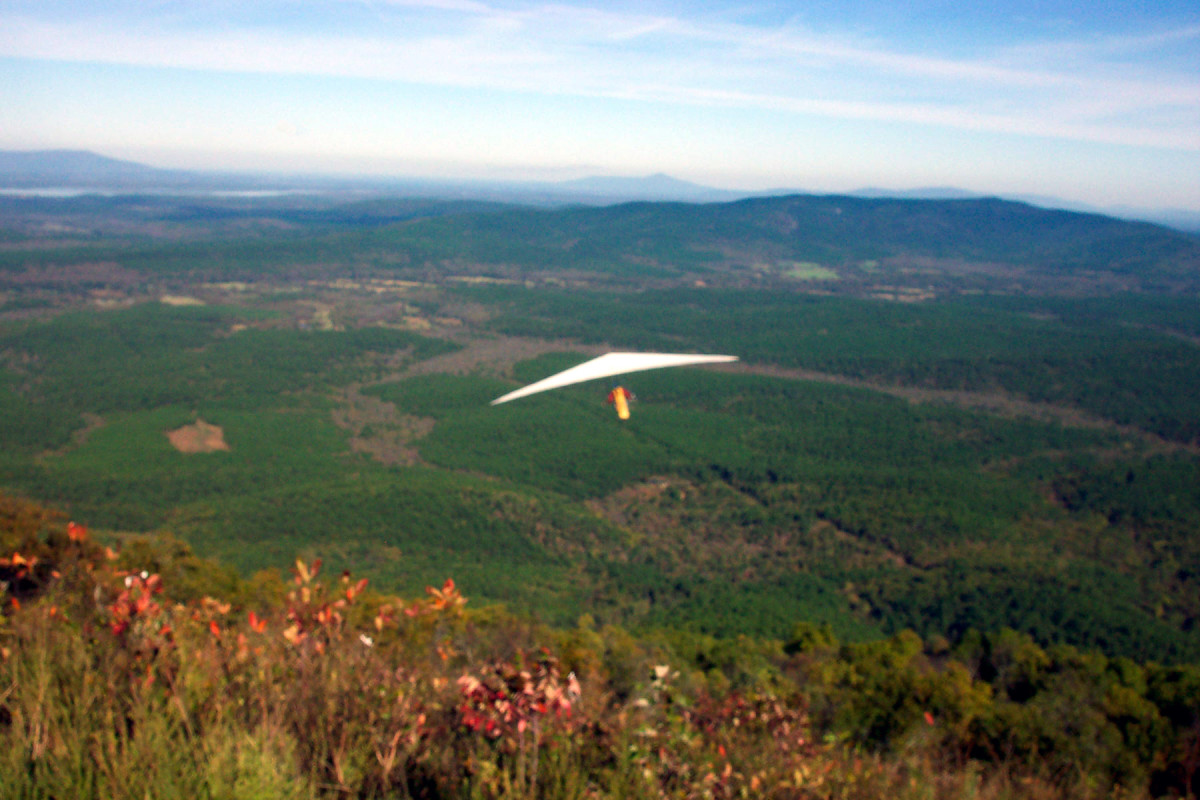 A white hang glider sails over a green field beneath Panorama Vista in southeastern Oklahoma.