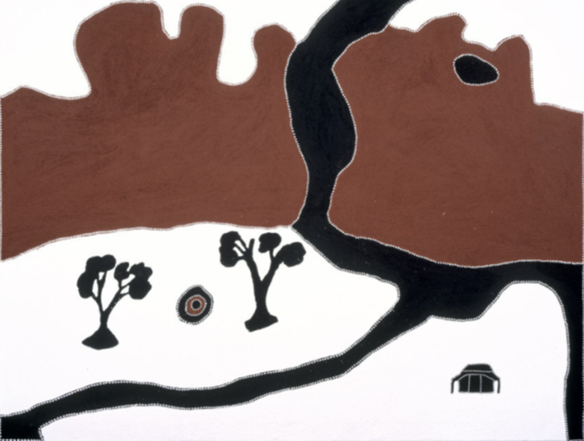 Figure 2: Rusty Peters, Chinaman’s Garden Massacre, 2000, Natural pigments on linen, size 150x 180.2 cm. Art Gallery of New South Wales. Reproduced from https://www.artgallery.nsw.gov.au/collection/works/13.2001/