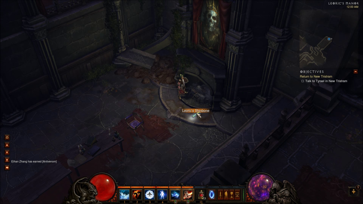Leoric's Shinbone can be found in the fireplace.