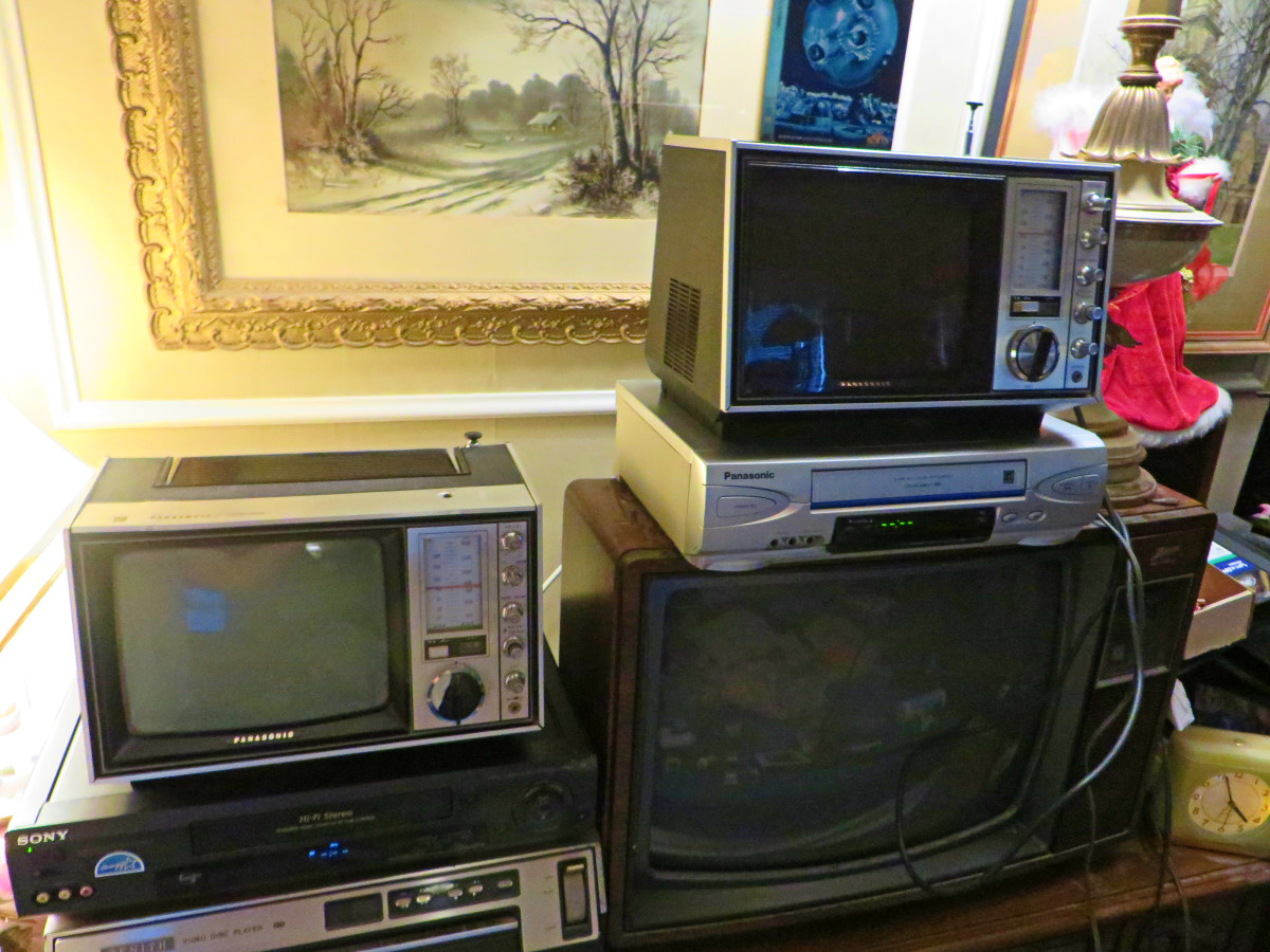 Two 1969 Panasonic TR-339R Televisions to Make One Complete. Power cord and Smokey Plastic screen protector from one to complete the other. The one with the damaged channel knob was my donor television set. 