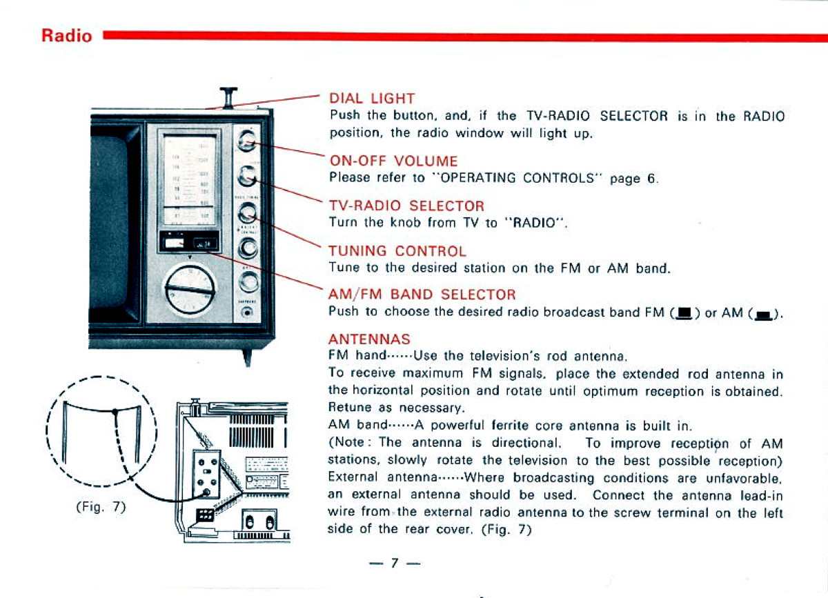 Information about the Radio is found on Page Seven of the Panasonic TR-339RN Manual. Information on the dial light, on-off volume, TV-Radio selector, turning control AM?FM selector and antennas. 