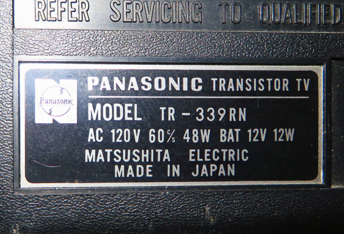 The Back Side of the Panasonic Television, Proudly shows the Solid State Model TR-339RN, and that is was manufactured in Japan.
