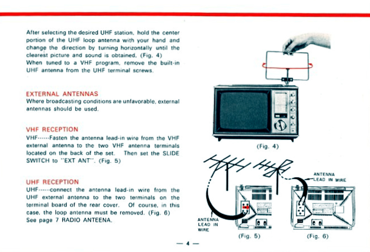 Antennas are Explained on Page Four and Five of the Panasonic Operating Instructions, for the Panasonic Television Model TR-33RN. VHF Reception and UHF Reception for the Panasonic Solid State Model TR-339RN Television