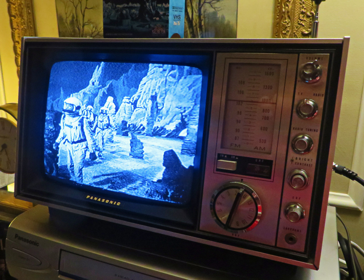  Moonstone, the Outer Limits playing on the 1969 Panasonic Silverlake TR-339R Television. The moon set is coming in sharp and clear on this television. 