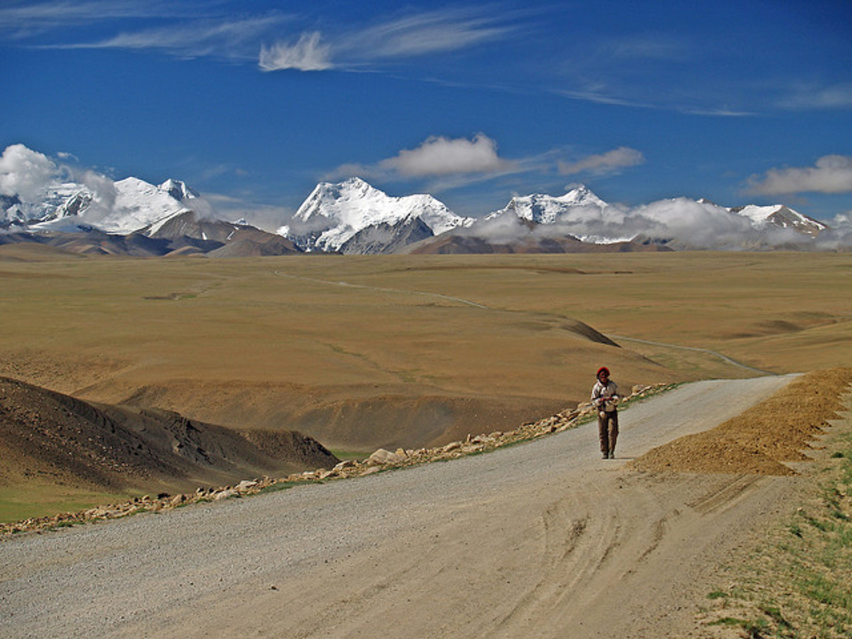 A shot of a nomad on barren Tibetan plateaus