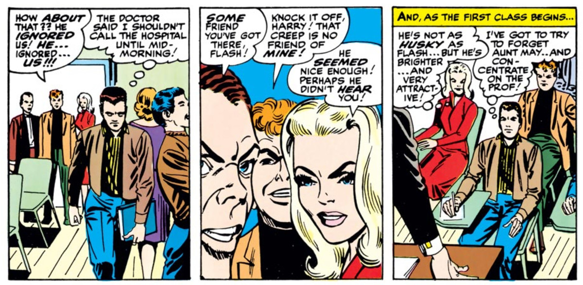 Gwen and Harry first impressions of Peter Parker in Amazing Spider-Man #31. Art by Steve Ditko and Sam Rosen.
