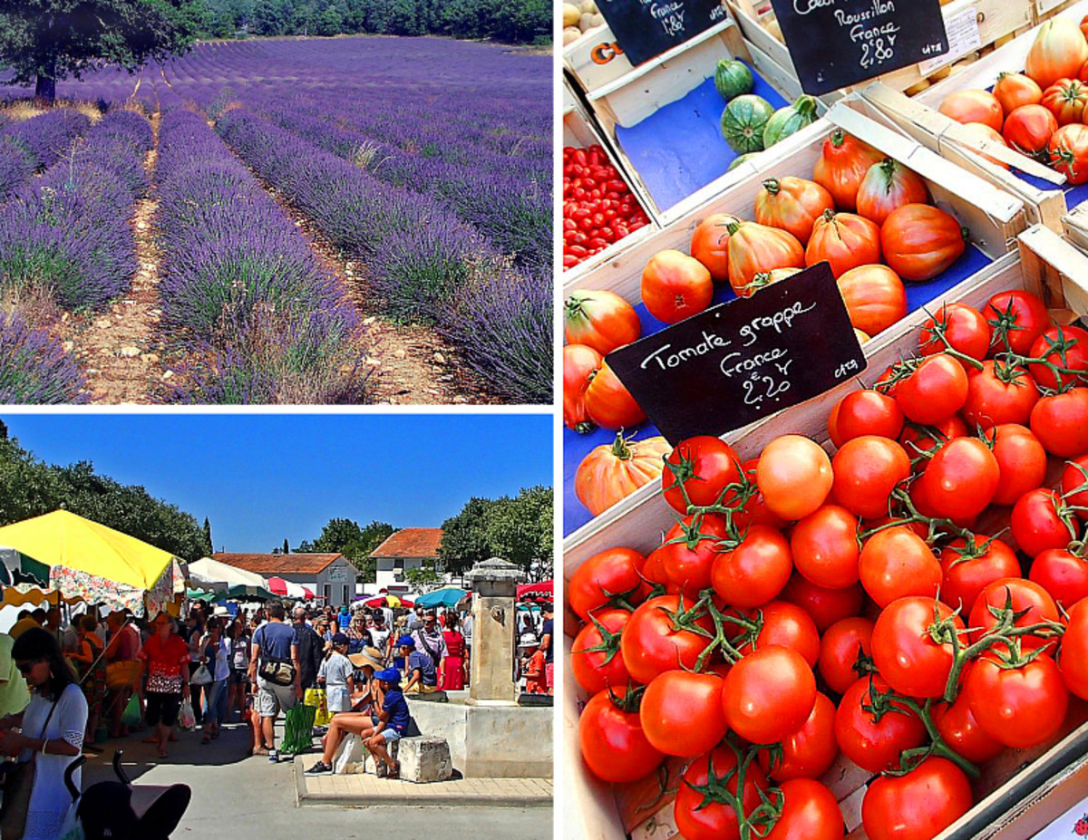 Clockwise from top left: Lavender field of Provence; vine-ripened tomatoes; Coustellet farmers market.