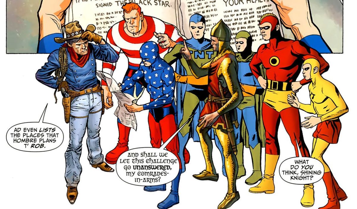 The "Seven Soldiers of Victory" (well, more than seven) - Not a power among them. Left to right - The Vigilante, Stripesy, The Star-Spangled Kid, TNT, The Shining Knight, Dyno-mite, The Crimson Avenger and Wing 
