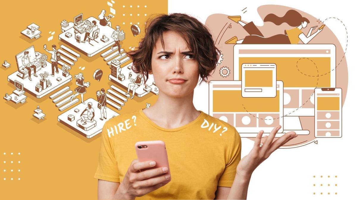 Woman having a hard time deciding between DIY website design and development or hiring