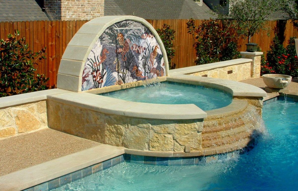 Seahorses mosaic for a pool fountain.